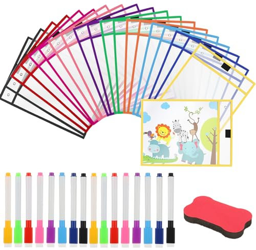 APACALI 37PCS Dry Erase Pockets Set, 20PCS Dry Erase Pockets A4, 16PCS Erase Pens, 1PCS Eraser, Dry Erase Pockets for Teaching and Classrooms, 25.5 x 36cm (10 Colours)