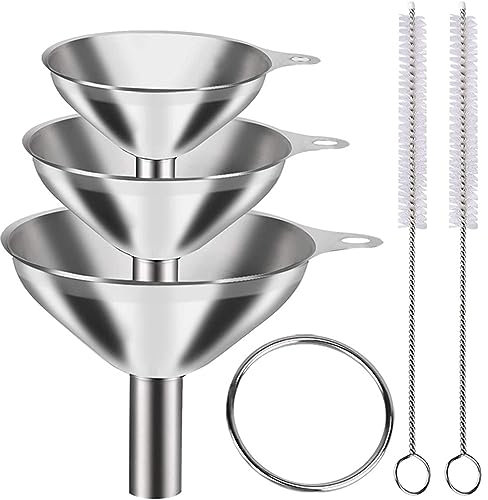 3 Stück Metall Trichter, Edelstahl Trichter Set, Mini Trichter, Kitchen Strainer Trichter, für Übertragen von Flüssigkeit, Kochölen, Marmelade und Pulver mit 2 Reinigungsbürste mit Langem Griff
