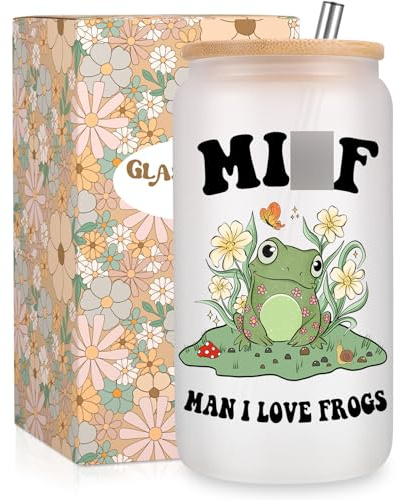 Fairy's Gift Frog Themed Cup, Cute 16 oz Frosted Iced Coffee Glass Cups with Lids Straws, Mothers Day, Funny Glass Tumbler Mug Stuff, Frog Gifts for Women Mom Wife, Pregnant Friend, Girlfriend, Man
