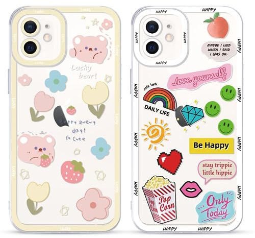 Yoedge 2 Stück Happy Bär Blumen Aesthetic HandyHülle für iPhone 12 Hülle 6,1,Transparent Smile Muster Design Kameraschutz Schutzhülle für iPhone 12 Case Mädchen Frauen Kawaii Cover
