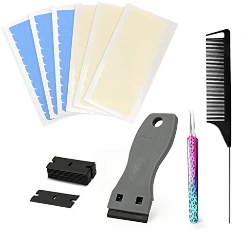 EHDIS Tape Extensions Kleber Kit, mit Pinzette, Schaber und Comb, 24 Stück Doppelseitiges ErsatzTape und 24 Stück Single Sided Tap, für Hair Extensions, Haarverlängerungen Perücken