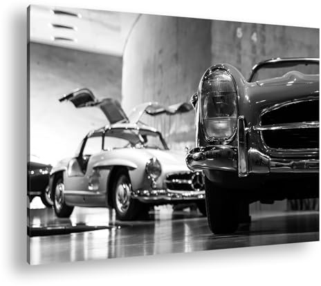 Leinwandbild Oldtimer Ausstellung – Klassiker der Straße Format: 90x60 cm Effekt: Schwarz&Weiß XXL Kunstdruck Bild auf Keilrahmen/Wandbild/Wohnzimmer Deko