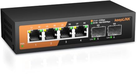 keepLiNK Commutateur 6 ports 2,5 G, non géré, 4 ports 2,5GBASE-T et 2 emplacements SFP 10GBASE-T, capacité de commutation 60 Gbit/s, Plug & Play, montage mural possible, boîtier en métal sans