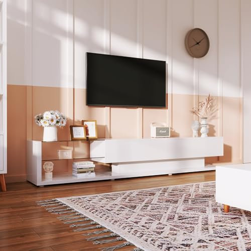 Merax Meuble TV bas avec éclairage LED - Blanc brillant - Meuble TV moderne avec support en verre et 2 grands tiroirs - Pour salon, salle à manger - Blanc - 170 x 36 x 38 cm