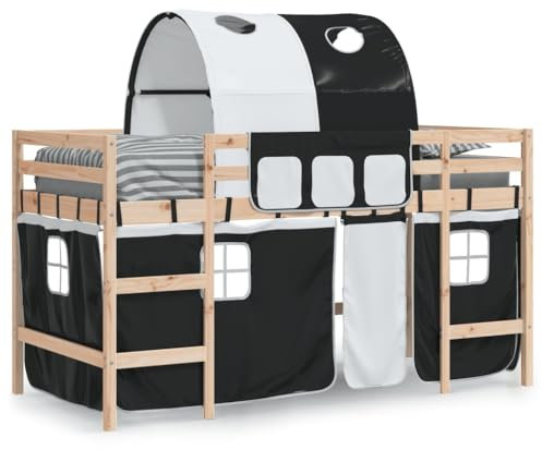 vidaXL Cama Alta Niños con Túnel, Cama Nido, Mueble de Dormitorio, Litera para Niños Mayores de 6 Años, Madera de Pino Blanco Negro 90x200 cm