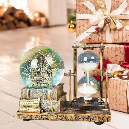 Kristall-Schneekugeln mit Sanduhr-Timer und LED-Musik für Erwachsene, einzigartig, Vintage-Messing-Schneekristallkugel, Paris, Eiffelturm für Zuhause, Schneekugeln, Dekoration, Geschenke