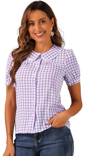 Allegra K Chemisier à Carreaux pour Femmes Contraste à Manches Courtes Bouffantes Haut Chemise à col Claudine Mauve M