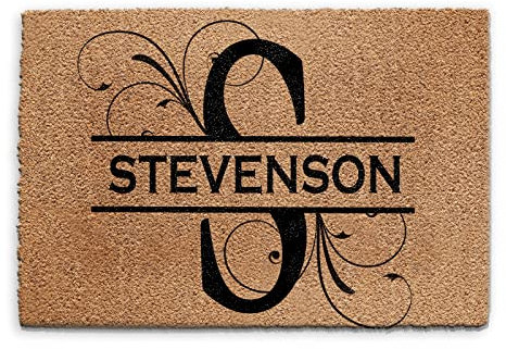 Personalised Doormat (40cm x 60cm) Small, Customise with Name, Initial Floral, Text, Coconut Core Fibre Heavy Duty Mat, Rug, Family Name and Initial Floral Indoor Natural Coir Regular Door Mat