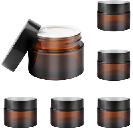 TNSLAND 6 Pièces 50ml Marron Petit Pot en Verre, Contenant Cosmetique Vide Pot Creme Vide, Pot Vide Cosmétiques pour Lotions, Crèmes, Poudres, Matériel Artisanal