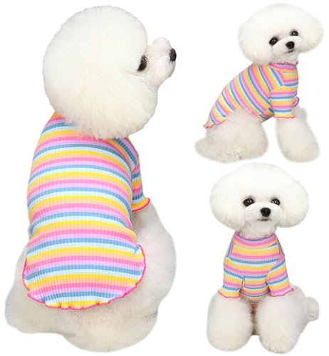 Yaopelky Hundebekleidung für kleine und mittelgroße Hunde, Regenbogen-gestreift, dehnbar, langärmelig, Katzen-T-Shirt, Haustier-Outfits für Chihuahua, Yorkie, Teddy (rosa Rand, S)