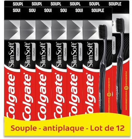 COLGATE - Brosse à dents manuelle Slim Soft Charbon - Brins souples - Elimination de la plaque dentaire - Efficacité cliniquement prouvée - lot de 12