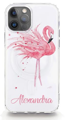 Personalised Initial Phone Case For Apple iPhones, 16, 15, SE, 14, 13, 12, 11 Pro Max, Mini, Plus, Samsung S23, S24, S25 Gel Case Compatible with MagSafe, Pink Flamingo with Pink Name/Text on