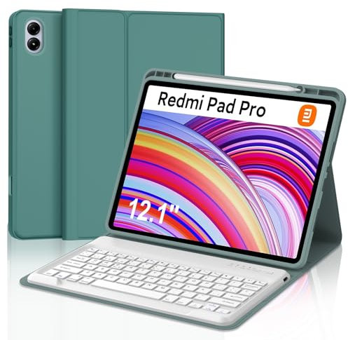 IVEOPPE Funda Redmi Pad Pro 12.1 con Teclado, Teclado Xiaomi Poco Pad 12.1 Pulgadas 2024, Cover Teclado Español Ñ Desmontable Bluetooth para Xiaomi Redmi Pad Pro 12.1 2024, Verde Oscuro