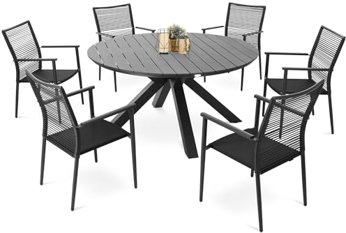di volio Gartenmöbel OTTANA, runder Gartentisch mit stapelbaren Stühlen mit Armlehnen - Set, Essgruppe für 6-8 Personen, robust & wetterfest (6+1)