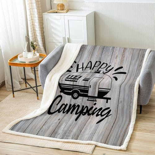 Loussiesd Camper Kuscheldecke Happy Camping Decke 100x130cm für Jungen Mädchen Kinder RV Camping Holz Wohndecke Couch Sofa Dekor Cartoon Camping Auto Decke