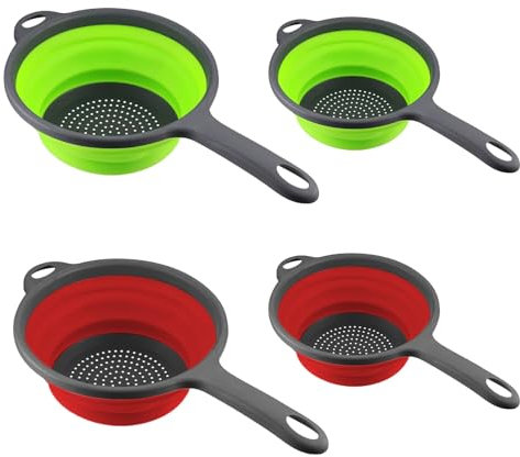 4 PCS Collapsible Colander with Handle, Silicone Drain Basket, Red & Gree Two Sizes, for Draining Pasta, Fruit, Vegetable, Noodle