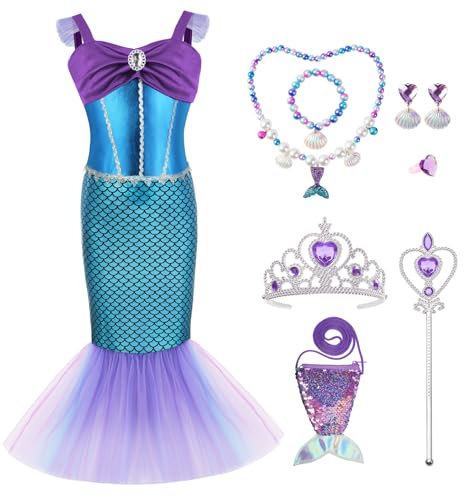 AYBUY Deguisement Sirène Fille, Déguisement la Petite Sirène avec Accessoires de Sirène, Robe de Princesse Costume Sirene pour Anniversaire Cosplay Carnaval, 140CM