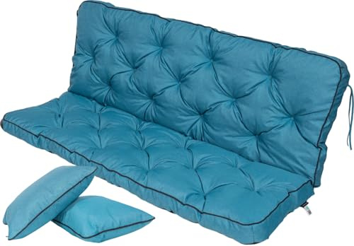 TexDeko® Ecolen Bankauflage mit Rückenlehne Outdoor 100x50x56cm Aqua | Gartenschaukelkissen für Gartenbank mit Leinenoptik, wasserabweisend, UV-beständig, Polsterauflage mit Paspelrand