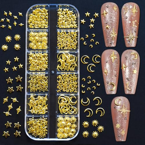 3D Sonne Mond Sterne Nail Charms - 12 Grids/Box Gold Metall Nieten Nageldesign Strasssteine Zubehör Legierung Studs für Sun Moon Stars Nailart