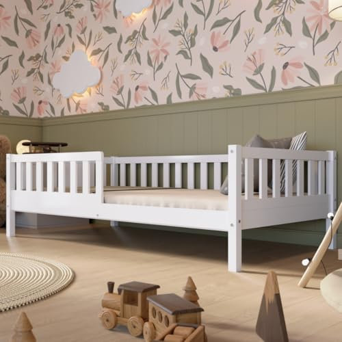 Crazy Pine Kinderbett 100x190 cm – Hohes Montessori Bodenbett aus Holz in Weiß mit Rausfallschutz – Sicheres Kleinkindbett – Skandinavisches Design, Leichte Montage - Crazy Basic