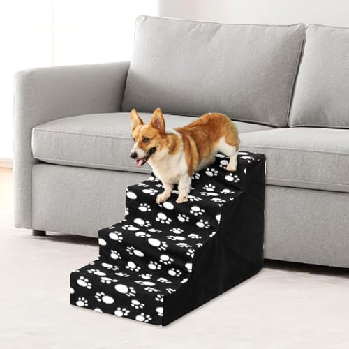 CROWNSHOP 4-Steps Dog Ramp 60X40X15cm Dogs Steps for High Bed Non-Slip Pet Stairs with Removable Washable Cover for Small Dogs and Cats Dog Ramp for Sofa (Black Claw)