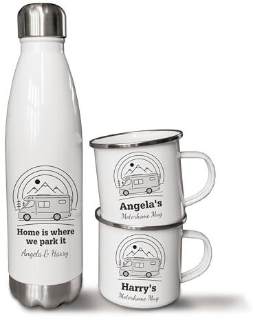 Personalised 500ml Thermal Flask and Enamel Mugs. Motorhome Mug and Flask Set. Outdoor Adventure Gifts