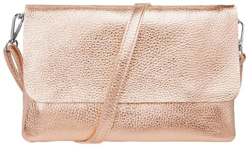 Caspar Elegante Leder Clutch Damen Umhängetasche Abendtasche mit verstellbarem Schultergurt - CLASSIC LINE - Modell No.835 - Made in Italy, Farbe:roségold metallic
