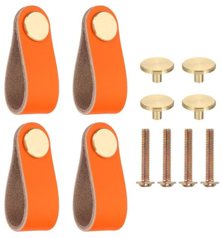 PATIKIL Leather Drawer Pulls, 4 Pack Leather Handle Center Cabinet Dresser Knobs with Screws for Dresser Cupboard Closet Doors, Orange