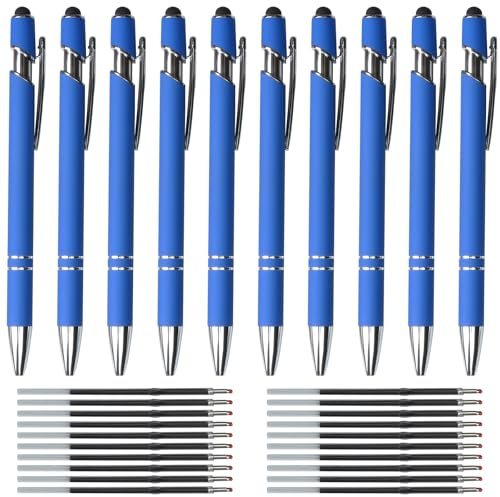 Hengxinchen Kugelschreiber Hochwertig,10 Stk Super Haltbar Druckkugelschreibe mit 20 Stk Nachfüllungen,Kugelschreiber Set Blau,2 in 1 ErgonomischeKugelschreiber mit Touchpen für Büro und Haushalt ﻿
