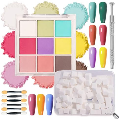 MKNZOME 9 Colours Nail Pigment Powder Palette, Chrome Nail Powder, 100 Pcs Nail Sponges for Ombre with Metal Grabber, Nail Art Tools Nail Art Palette Color Changes for Nail Design, C
