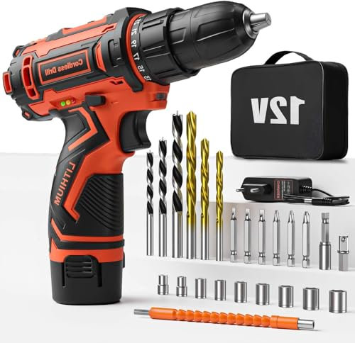 Akkuschrauber, 12V Akku Bohrmaschine, 2000mAh Akkubohrer mit Akku, 24tlg Zubehör und Tragetasche, 25Nm Drehmoment akku schrauber, 2-Gang, 10mm Bohrfutter, LED-Licht, AkkuschraubSet für DIY