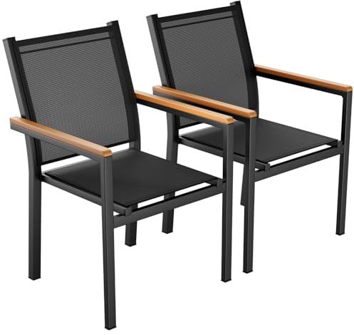 LIFERUN Gartenstuhl 2er Set, Aluminium, Stapelbarer Esszimmerstuhl Textilene, WPC Handlauf, Balkonstühle, für Terrasse, Balkon, Terrasse, Pool, Restaurants, Wetterfest, Schwarz, 2 PCS