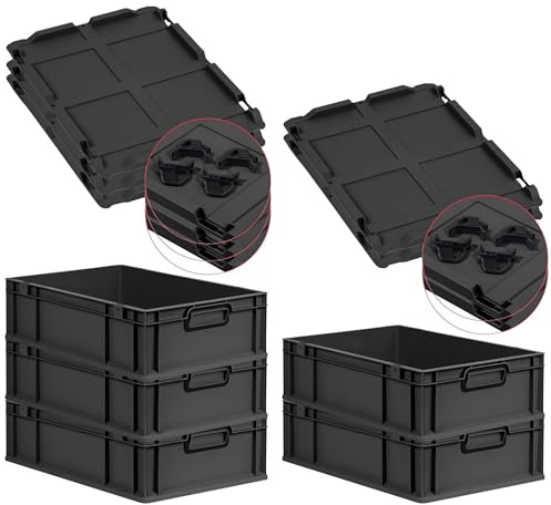 PROREGAL SuperSparSet 5x Eurobox NextGen Color mit Auflagedeckel und Schiebeschnappverschlüsse, HxBxT 17x40x60cm, 34L, Schwarz, Griffe schwarz zu, Eurobehälter, Transportbox, Transportbehälter