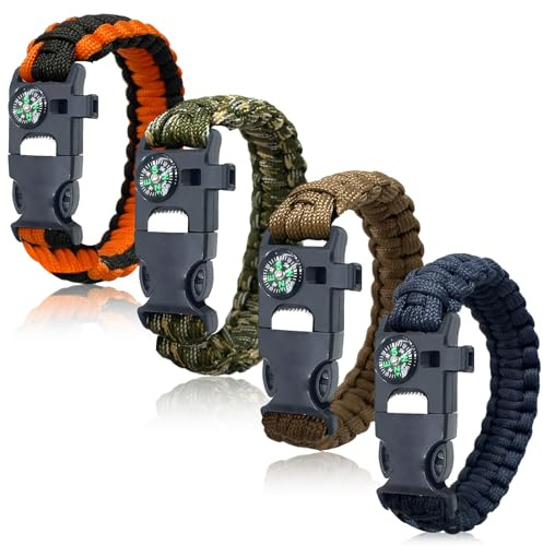 Überlebens-Armbänder 4er-Set | 5-in-1 Paracord-Armband mit Feuerstarter, Kompass & Pfeife | Notfall-Ausrüstung für Camping, Wandern