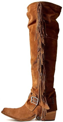 Yolkomo Over Knee Cowboy Boots for Women Wide Calf Knee High Suede Brown Fringe Western Boots with Belt Buckle Straps Square Toe Chunky Heel Fringe Booties for Riding Cowgirl Outfits Size 9