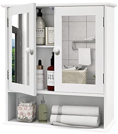 Spiegelschrank Bad, Badezimmerschrank hängend, 2-türig, 13x56x58, Weiß | Platzsparend, offenes Fach, verstellbare Böden, pflegeleicht, einfache Montage. Für Bad, Küche, Wohnraum.