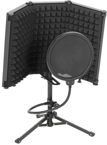 HOMCOM Studio Microphone Isolation Shield Pop Filter Tripod Stand Black | Foldable Adjustable, Recording Studio Equipment, 3-Panel High Density Absorbent Foam Shield, 3/8 Threaded Mount