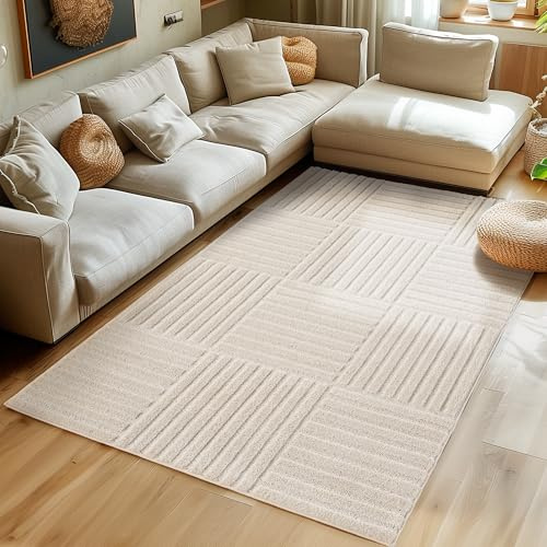 SIMPEX Teppich Läufer 60x110 cm Creme Hochflor Skandi Boho Karo Design Hoch-Tief Effekt Weicher Shaggy Langflor Flauschig Robust Pflegeleicht Modern für Schlafzimmer, Flur