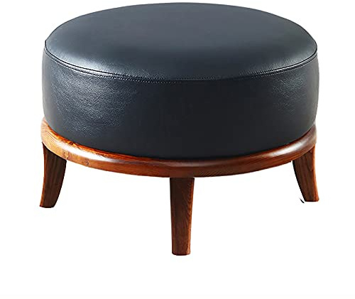 Premium Round Leather with Solid Wood Legs, Multi-Functional Accent Stool for Living Room, Footrest, Sofa Pouf, Stylish Home Decor