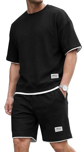 NANAMEEI Trainingsanzug Herren Sommer Waffle 2 Teiler Kurzarm Shirt Shorts Set Lockerer Jogginganzug Herren Freizeit Sport Outfit