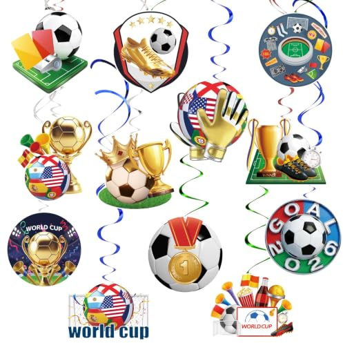 AhfuLife 14pcs World Football Party Hanging Swirls Decorations, World Football Ceiling Hanging Swirl Banner for Sports Window Home Birthday Theme Party Decorations