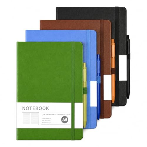 4 Stück Notizbuch, Notizbuch A5, 80gsm, 200 Pages, Notebook, Reisetagebuch mit Stift, Journal Buch mit Elastischem Verschlussband und Stifthalter, PU Leder Notizbuch A5 Liniert, 21.2 x 14.7cm