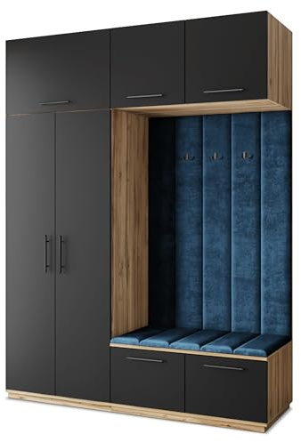 Masseno Flugarderoben Set Rema, Kleiderschrank-Set mit Sitzbank, Garderobenschrank Flur mit 5 Regalböden, Eiche Wotan/Schwarz