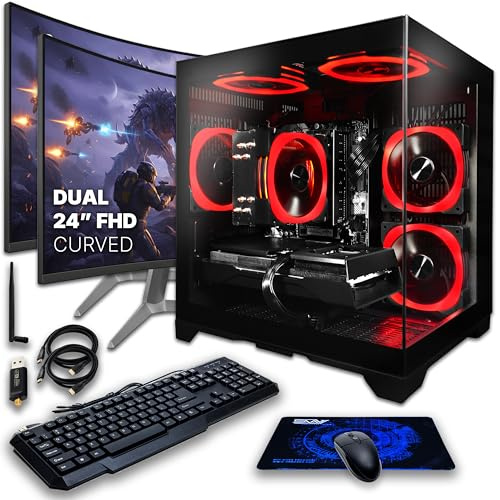SAAV Drex Prebuilt Gaming PC Bundle Desktop Tower Intel Core i7-12700KF GeForce RTX 5060 8GB GDDR6 Dual Curved 24in Monitors 16GB DDR4 512GB NVMe SSD WiFi 6 Windows 11 Black RGB Computer PC Gaming