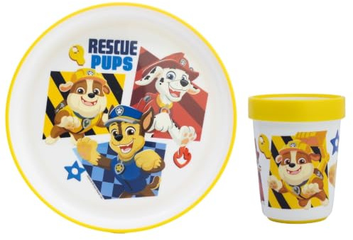 PAW PATROL - Set di stoviglie riutilizzabile bicolore – Set composto da 2 pezzi: Piatto e bicchiere con base antiscivolo – CHASE