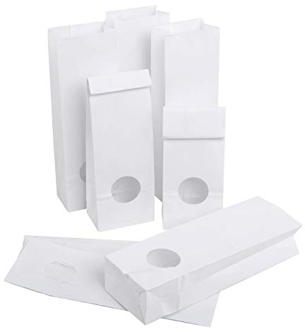Logbuch-Verlag 50 kleine weiße Papiertüte MIT FENSTER innen foliert 8 x 5 x 24,5 cm lebensmittelecht Teetüten Blockbodenbeutel Kekstüte Plätzchentüte