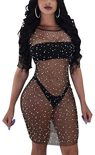 Carolilly Vestido de malla transparente para mujer, para cubrir bikini, vestido de fiesta o club. Negro XL