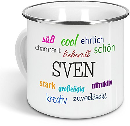 printplanet - Emaille-Tasse mit Namen Sven - Metallbecher mit Design Positive Eigenschaften - Nostalgie-Becher, Camping-Tasse, Blechtasse, Farbe Silber, 300ml