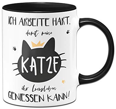 Tassenbrennerei Tasse mit Spruch Katze Luxusleben - Geschenk für Kollegin, Katzenliebhaber (Schwarz)