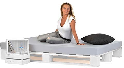 sunnypillow Palettenbett aus Holz Holzbett 200x200 cm Weiß Massivholzbett Bett aus Paletten Palettenmöbel Fichte europalette Weiss 80 90 100 120 140 160 180 200 220 240 x 200 cm